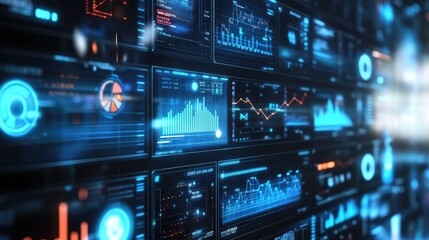 Fototapeta premium A holographic display featuring floating digital data icons and graphs, representing the future of technology. Copy space included.