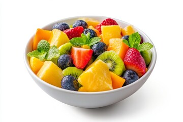 Fresh fruit salad bowl, studio shot, white background, healthy recipe