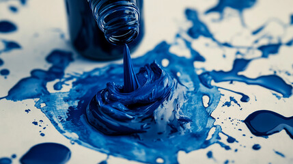 A bottle of blue ink spilling onto a blank sheet of paper