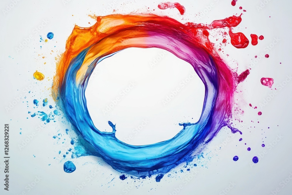 Poster abstract circle liquid motion flow explosion. curved wave colorful pattern with paint drops on white