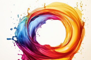 Obraz premium Abstract circular liquid motion with vibrant curved waves and colorful paint drops splashed on a clean white background, creating a dynamic flow