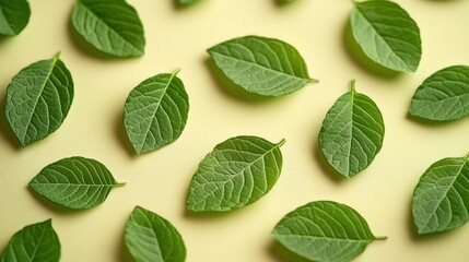 Fototapeta premium Green leaves arranged on pastel yellow background