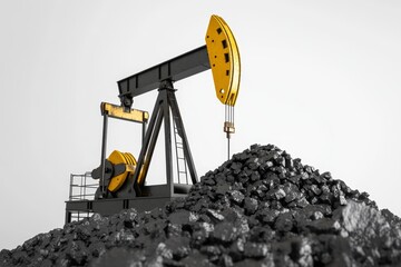 Oil pump jack extracting coal, energy industry, white background