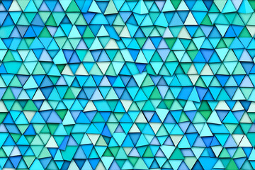 An abstract digital artwork featuring various triangles in shades of blue and green, creating a dynamic and visually engaging composition.