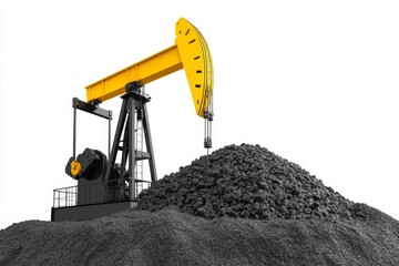 Yellow oil pump jack extracting crude oil against white background