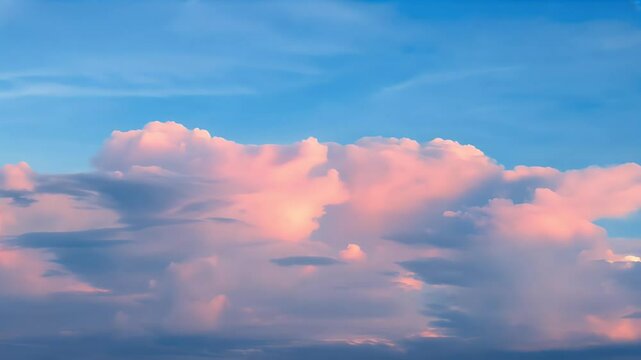 Video footage capturing pink cumulus clouds floating vivid blue sky sunny evening highlighting natural atmospheric patterns calm ather conditions