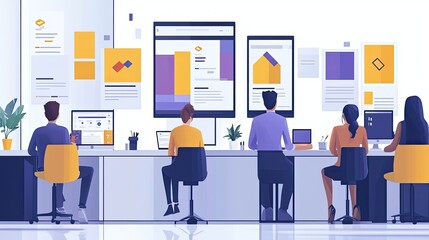 Obraz premium Team collaborating in a modern office environment, analyzing digital designs on multiple screens