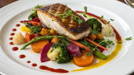 Delicious grilled fish served with colorful vegetables and sauce
