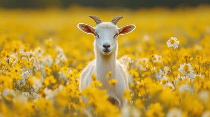 Naklejka premium A white goat standing in a field of yellow flowers.
