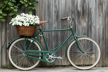Fototapeta premium Vintage Bicycle with Flowers: An antique green bicycle, adorned with a woven basket brimming with vibrant white flowers, leans gracefully against a weathered wooden fence.
