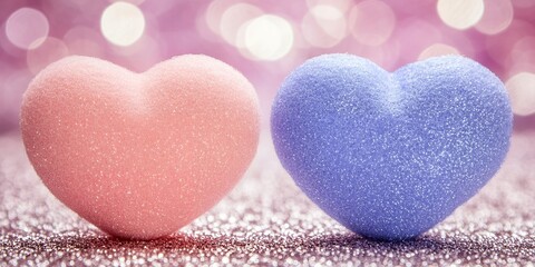 Fototapeta premium Pink and Purple Glitter Hearts on Sparkling Background Valentine s Day Romance