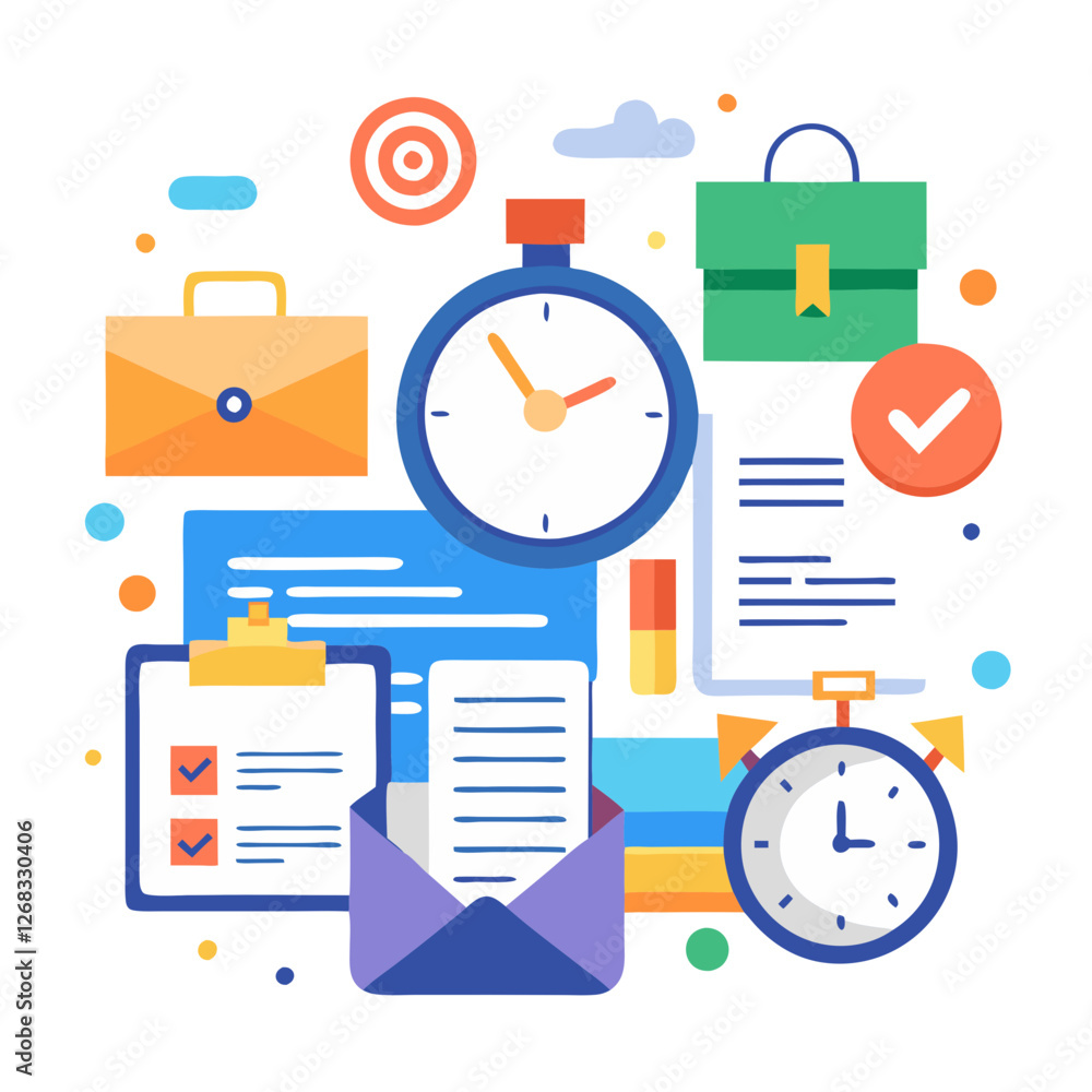 Poster key elements of time management and task organization are illustrated through objects like clocks, d