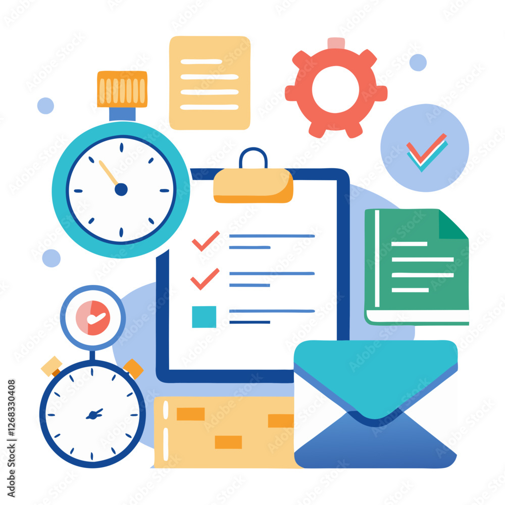 Poster various tools and symbols related to time and task management are displayed, including timers, check