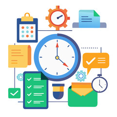 Visual representation of time and task management concepts featuring a clock, checklists, gears, and various organizing tools, illustrating efficient business practices and productivity techniques