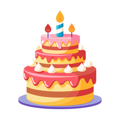 Colorful tiered birthday cake featuring whipped cream swirls and bright candles stands out on a simple plate. A delightful centerpiece for any birthday celebration or special event