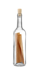 Corked glass bottle with rolled letter isolated on white