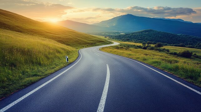 A road with milestone markers leading to a glowing horizon, symbolizing goal setting and career progress. Clean background with copy space.