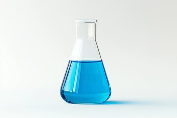 Lab flask, blue liquid, white background, science