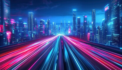 Night Cityscape: Speeding Through Neon-Lit Streets on a Futuristic Highway, Advancing Towards a Bright Tomorrow
