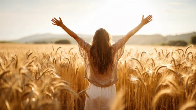 Backlit Portrait of calm happy smiling free woman with open arms and closed eyes enjoys a beautiful moment life on the fields at sunset	
