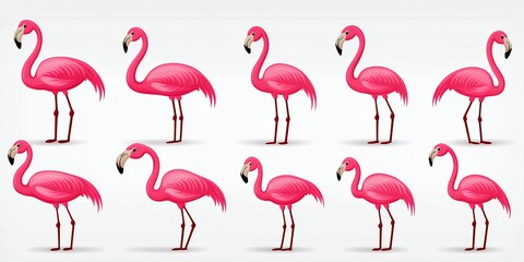 Obraz premium Set of Colorful Flamingos in Various Poses on a Light Background