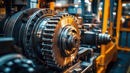 Fototapeta premium Close-up view of a large industrial gear in a modern manufacturing facility, showcasing intricate details and robust engineering.