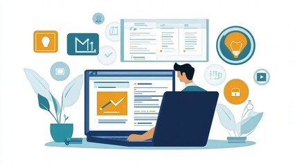 professional reviewing digital risk reports on a laptop, surrounded by holographic icons representing security and strategy