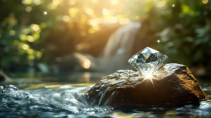 "Diamond in Paradise: A sparkling diamond, radiating light and beauty, rests upon a moss-covered stone in a serene natural setting, where a gentle waterfall cascades into a crystal-clear stream.