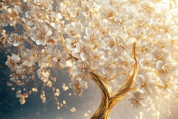 Obraz premium High-quality 3D wallpaper with a radiant golden tree of life decorated with soft, realistic white flowers in a balanced layout.