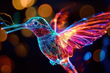 Hummingbird Animal Plexus Neon Black Background Digital Desktop Wallpaper HD 4k Network Light Glowing Laser Motion Bright Abstract