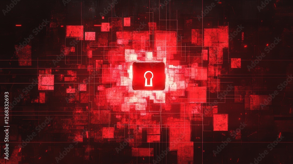Poster red digital lock symbol on a screen with glitch effects, representing a ransomware cyber attack in p