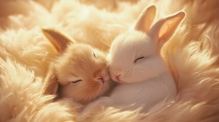 Two adorable rabbits snuggle together on a soft, fluffy blanket, exuding warmth and comfort in a serene and cozy atmosphere.