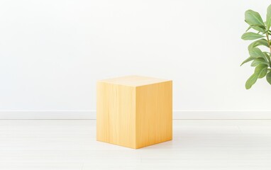Minimalist Yellow Wooden Cube on Light Background