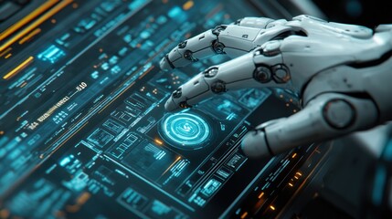 Fototapeta premium Robotic hand operating futuristic interface, digital background