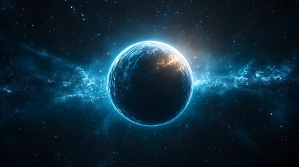 Fototapeta premium Vibrant Blue Planet Surrounded by Cosmic Nebula and Stars