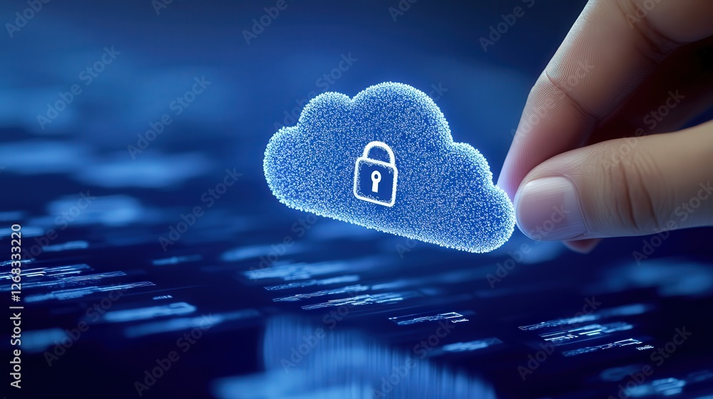 Poster secure cloud computing concept with a lock icon being tapped by a hand on a digital security dashboa
