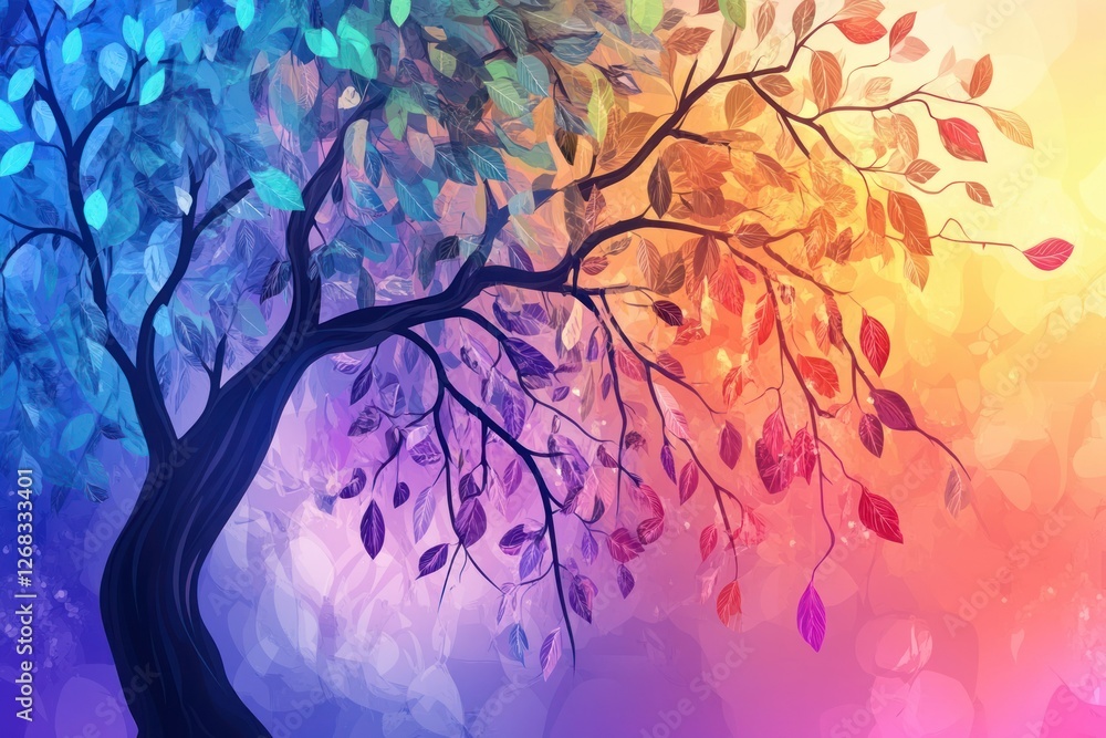 Poster illustration of a vibrant tree with hanging branches and multicolored leaves on a gradient abstract 