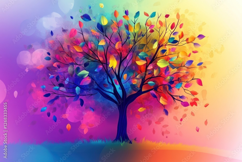 Poster illustration of a vibrant tree with hanging branches and multicolored leaves on a gradient abstract 