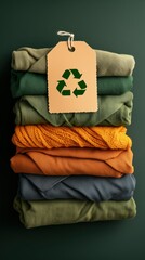 Stack of colorful recycled fabric with eco-friendly tag
