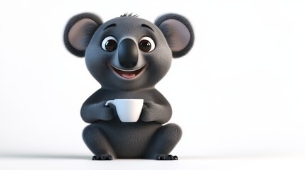 Cute cartoon koala character holding a cup on a white background