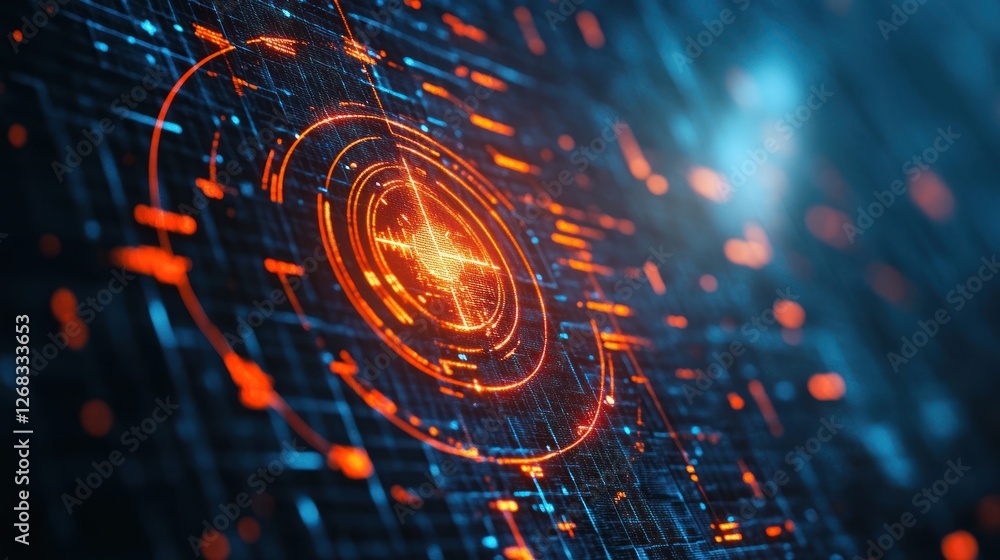 Poster futuristic digital interface glowing brightly, complex data streams background, tech presentation