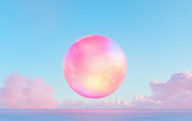 Dreamy Pink Sphere Floating Above Calm Ocean Surface