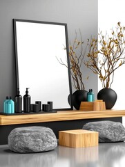 Modern vanity display featuring a large mirror, decorative vases, and minimalist accents.