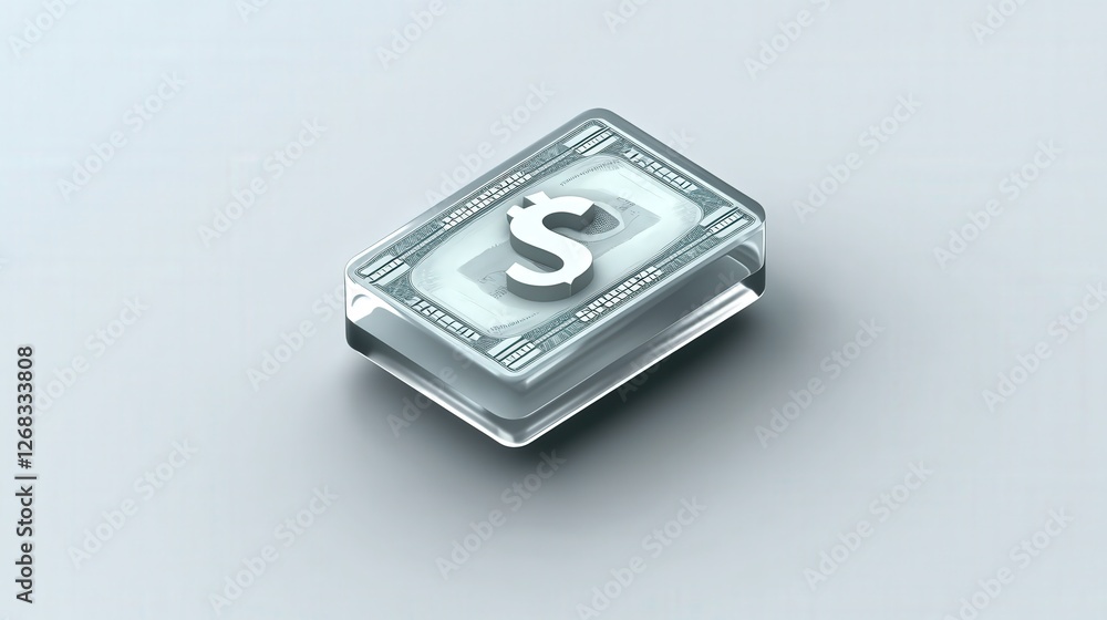Poster simple yet elegant transparent money icon, floating in the center with subtle shadows, signifying fi
