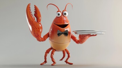 Cheerful Cartoon Lobster Character Serving Food with a Plate