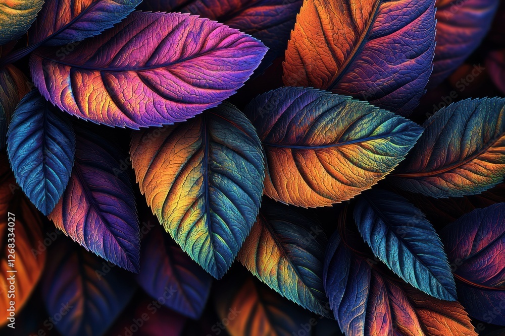 Poster intricate fractal leaves in bold, multi-colored patterns, creating a vivid and artistic screen backg