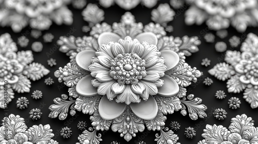 Poster intricate monochrome floral design with layered textures and patterns.