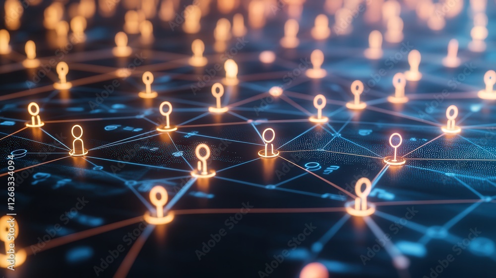 Poster , digital design of a hexagonal diagram with glowing human connection nodes, symbolizing the role of