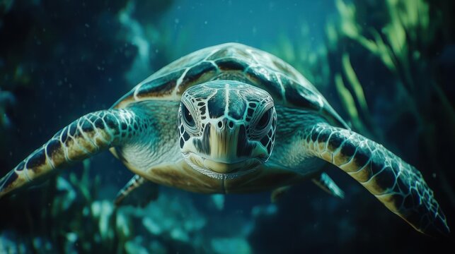 close-up of a green turtle swimming underwater