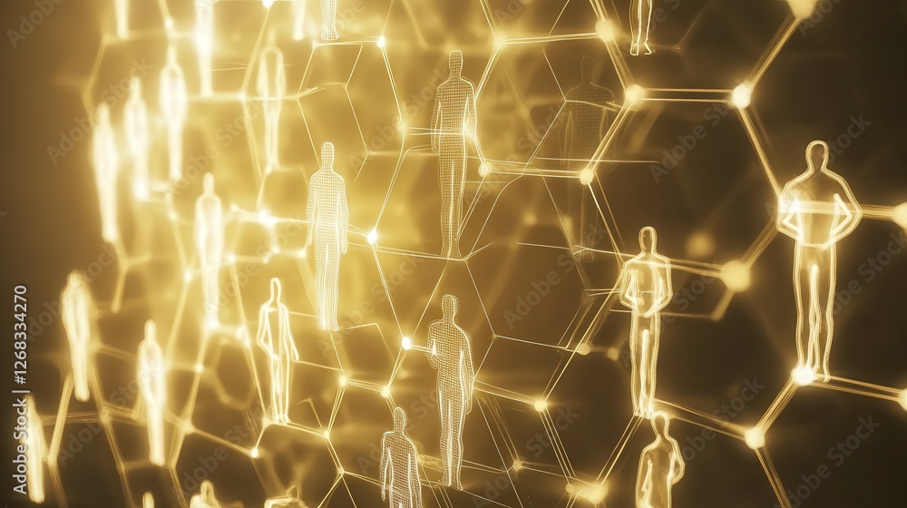 Poster hexagonal diagram showcasing human social interactions within a community, with dynamic lines linkin
